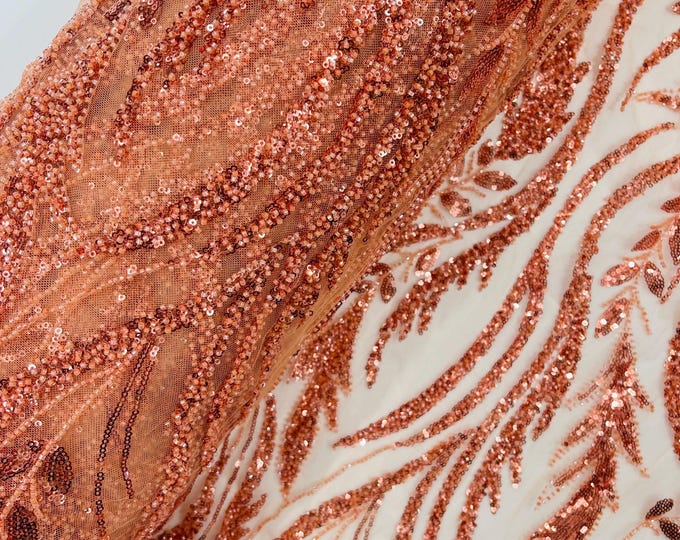 Lt Orange Beaded Lace Fabric: Embroidered Leaf Pattern, Bridal Wedding Fabric