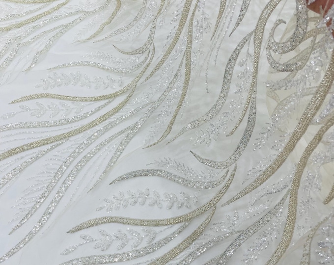 Ivory Beaded Lace Fabric: Embroidered Floral Mesh, Bridal Gown Material