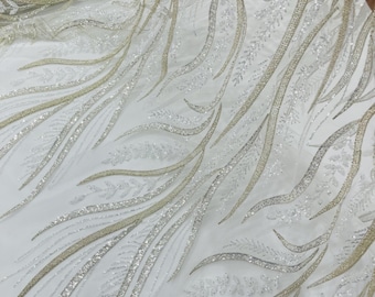 Off White Beaded Lace Fabric: Embroidered Floral Mesh, Bridal Gown Material