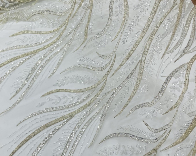 Off White Beaded Lace Fabric: Embroidered Floral Mesh, Bridal Gown Material