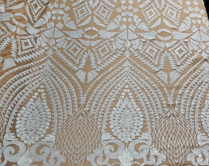White Sequin  - 4 Way Stretch Geometric Sequins Bella Design on Mesh Fabric for Prom Gala Gown Sold By The Yard