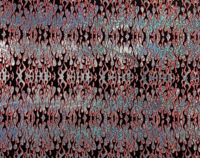 Black Black Nylon Spandex Fabric by the yard, Flames Design With Hologram Shattered Glass, Glitter Spandex Fabric 4 Way Stretch Prom-Gown