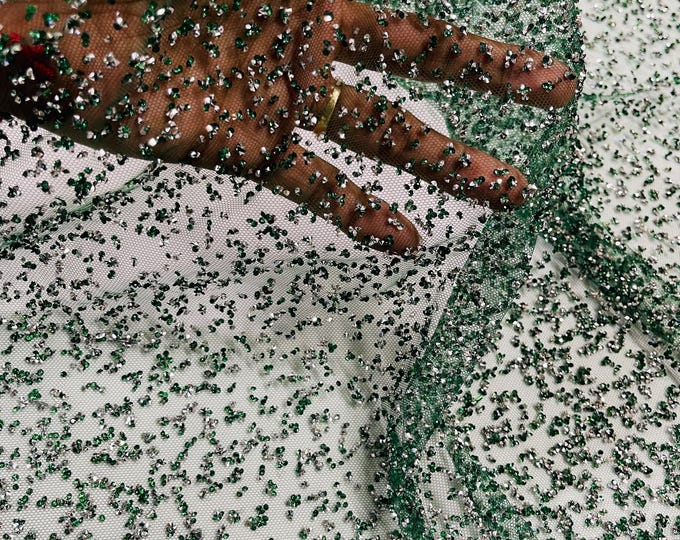 Hunter Green Rhinestones Glitter Fabric on a Mesh By The Yard, Glitter Rhinestones on Mesh Fabric, Glitter Fabric | Glimmer | Sparkle Fabric