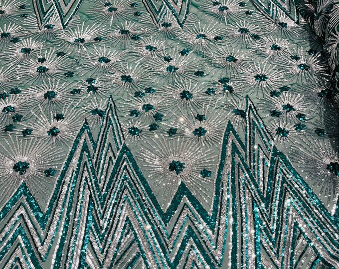 Hunter Green/Silver Geometric Design 4 Way Stretch, Embroidered With Sequins On Power Mesh, By The Yard