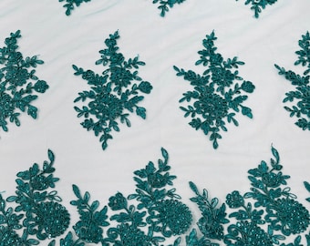 Hunter Green Embroidered Floral Lace Fabric: Scalloped Bridal Wedding Dress Lace