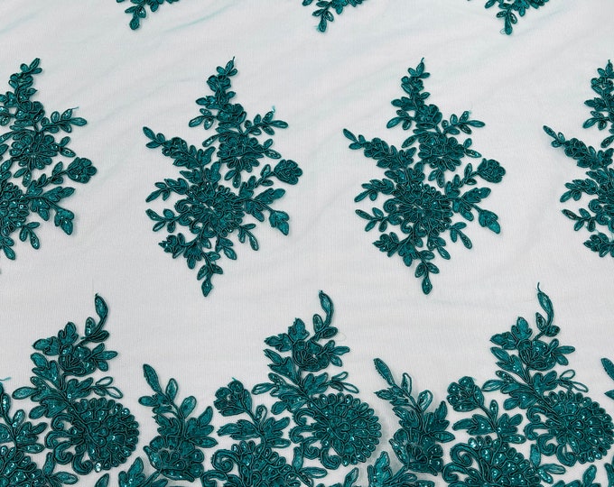 Hunter Green Lace Flower Design Embroidered on Mesh Lace Fabric, Floral Bridal Lace Wedding Dress by the Yard (Pick a Size)