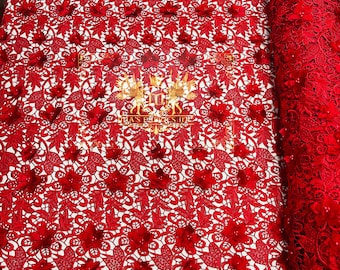 Mia Fabrics Inc, Red Guipure Lace Fabric 3D Floral-Flower With Pearl, Bridal Lace Guipure Wedding Dress by the Yard (Pick a Size)