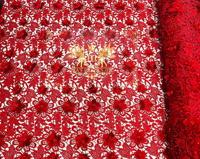 Mia Fabrics Inc, Red Guipure Lace Fabric 3D Floral-Flower With Pearl, Bridal Lace Guipure Wedding Dress by the Yard (Pick a Size)