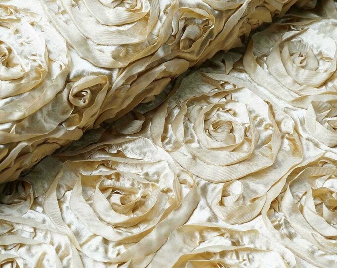 Champagne Rosette Fabric 3D Rosette Satin, Floral Satin ( Choose The Size )