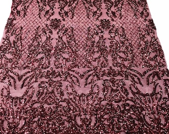 Burgundy Damask Sequins Fabric: Embroidered Spandex, 4-Way Stretch