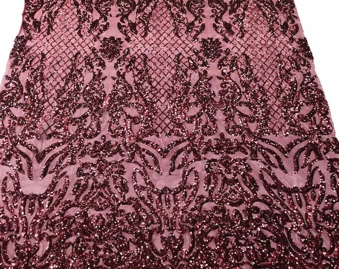 Burgundy Sequins -  Luxury Damask Design Embroidered Spandex 4way Stretch Sequin By Yard -Prom-Gown ( Choose The Size )