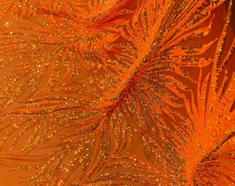 Orange Iridescent Sequin Fabric By The Yard, Orange Mesh 4 Way Stretch, Embroidery on a Mesh Phoenix Wing Sequins Fabric for Prom Gala Gown