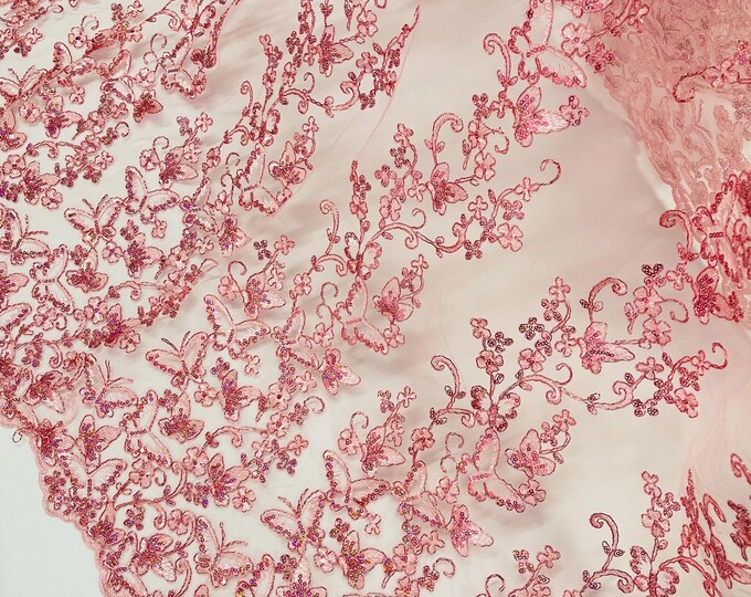Pink Hologram Sequin Butterfly Lace Fabric: Metallic Corded Embroidery with Sequins