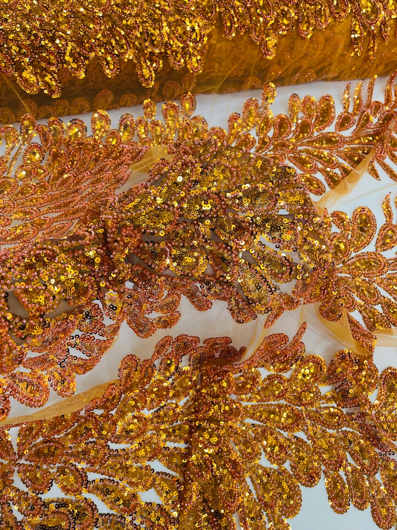 Burnt Orange Vegas Design with Embroidered Sequins and Beads On Mesh Beaded Peacock Feathers 3D Lace Fabric for Prom Dress Choose The Panel image 1