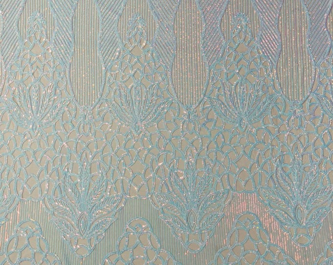 Aqua iridescent Sequin Fabric #2 | Floral Damask Design on a 4 Way Stretch | Sequins Lace | Spandex Fabric For Prom-Gown By The Yard