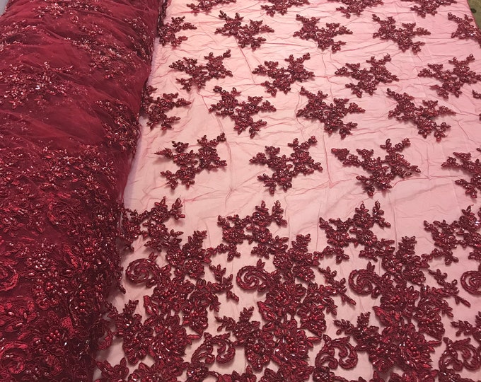 Burgundy Floral Design Beaded Fabric - by the yard - Embroidered With Pearls and Beads on Mesh Lace Fabric