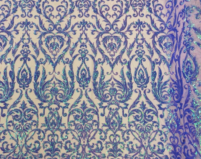 Lavender Iridescent Sequins Fabric | by the yard | On a Mesh 4 Way Stretch | Embroidered King Damask Design With Sequin Lace Prom-Gown