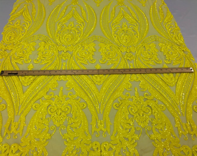 Yellow Sequin  - 4 Way Stretch Fancy Big Damask Design Sequins on Spandex Mesh Prom Gala Gown Fabric By The Yard