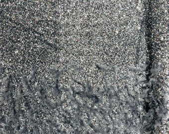 Silver Sequin Velvet Fabric With Feathers on Silver Stretch Velvet | by the yard | all Over 5mm Sequins Velvet 2-way Stretch 58/60”