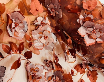 Rust Orange Orquidia 3D Floral Design Embroider With Pearls On a Mesh Lace Fabric, Orquidia Big 3D Flower Lace Fabric Prom-Dress By The Yard