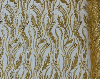 Gold Beaded Bridal Fabric - Wavy Leaf Embroidered Mesh, Sold By The Yard
