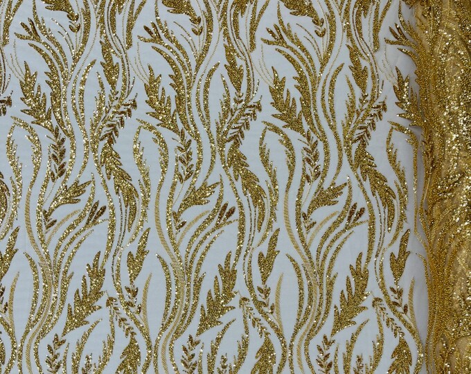 Gold Wavy Lines Leaf Pattern Beaded Fabric - Embroidered Line Beaded Wedding Bridal Fabric Sold By The Yard
