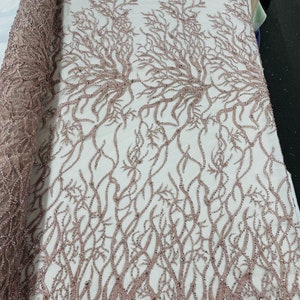Blush Bridal Wedding Lace Beaded Fabric - by the yard - Root Design Hand Embroidered With Beads and Sequins on a Mesh