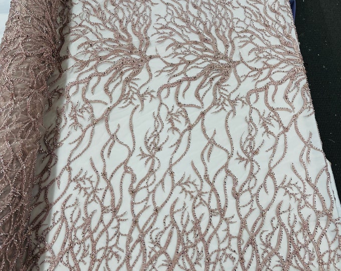 Blush Bridal Wedding Lace Beaded Fabric - by the yard - Root Design Hand Embroidered With Beads and Sequins on a Mesh