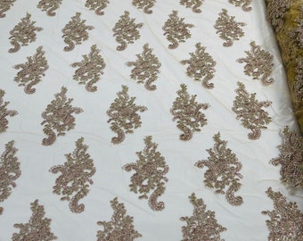Gold Rose With Metallic Thread Floral Lace Fabric, Embroidery With Sequins on a Mesh For Wedding-Bridal By The Yard