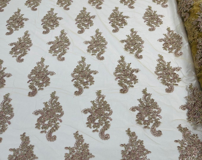 Gold Rose With Metallic Thread Floral Lace Fabric, Embroidery With Sequins on a Mesh For Wedding-Bridal By The Yard