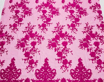 Magenta Damask Embroidered Floral Lace Fabric, Bridal Wedding Dress, By The Yard