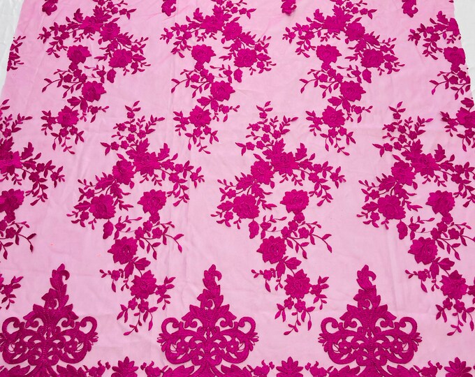Magenta Damask Design Embroidered on Mesh Lace Fabric, Floral Bridal Lace Wedding Dress by the Yard (Pick a Size)
