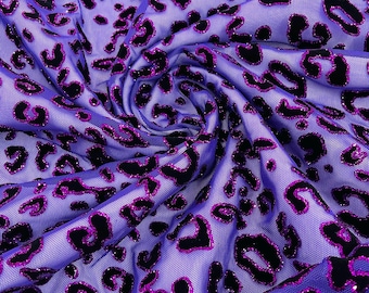 Purple Glitter Cheetah Spotted Printed Power Mesh Fabric, Glitter Cheetah Design  4 Way Stretch, Glitter Print Exotic Cheetah by the yard