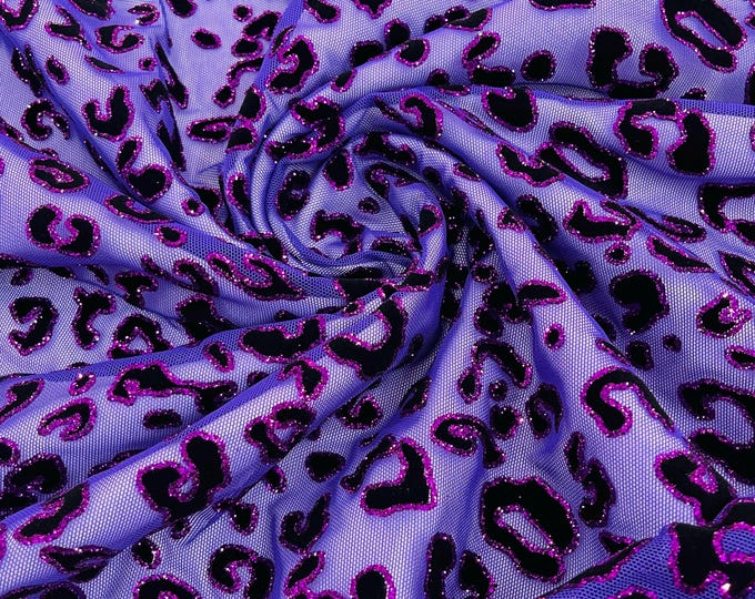 Purple Glitter Cheetah Spotted Printed Power Mesh Fabric, Glitter Cheetah Design  4 Way Stretch, Glitter Print Exotic Cheetah by the yard