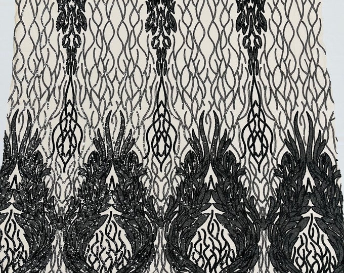 Black Sequin Fabric on Nude Mesh - Damask Design 4 Way Stretch Iridescent Sequins Fabric (Pick a Size) by the yard