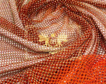 Orange Rhinestone Fishnet Fabric: Iridescent Crystal Spandex, 4-Way Stretch