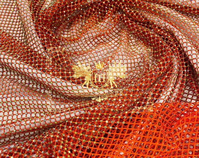 Iridescent Rhinestones Fabric On Orange Stretch Net Fabric, Spandex Fish Net with Crystal Stones sold by the yard