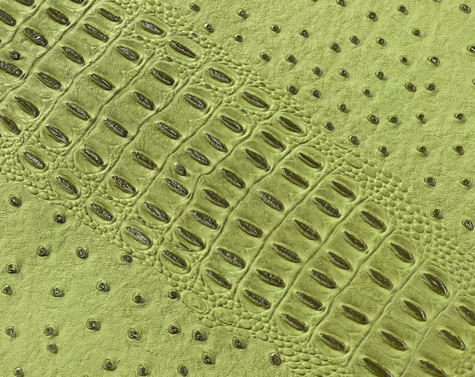 Olive Green Ostrich Gator Embossed Vinyl Fabric By The Yard, 2 Tone Crocodile Ostrich Vinyl Leather Upholstery, Purses Shoes Wallets