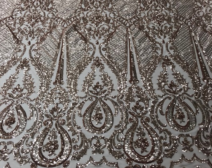 Sequins Rose Gold Lace Fabric, DAMASK Design Embroidered on a Mesh 4 way Stretch Sequin By The Yard -Prom-Gown ( Choose The Size )