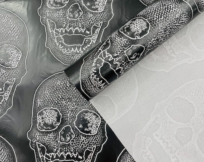 Black Skull Embossed Fake Leather Upholstery, By The Yard Skull Faux Fake Leather Vinyl Fabric, Embossed Skull Fabric Vinyl