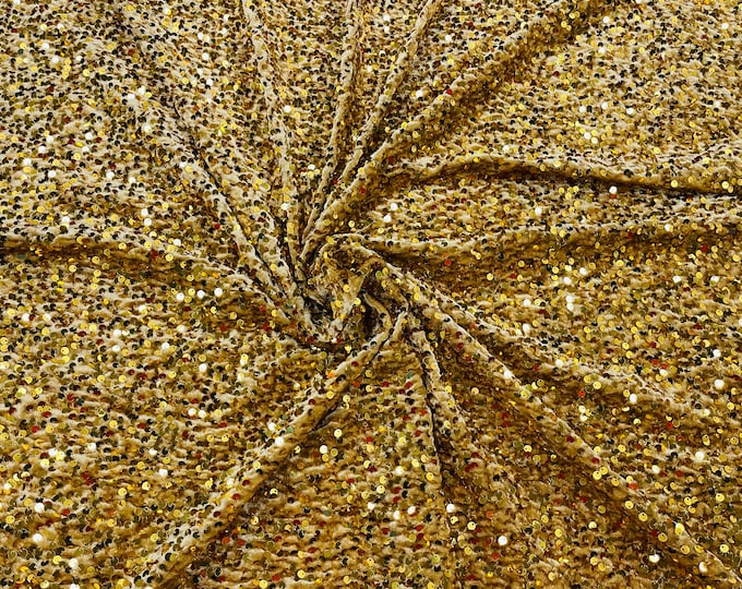 Gold Sequin on Light Gold Stretch Velvet With Partial Luxury Sequins  5mm Shining Sequins 2-way Stretch 58/60” (Choose The Quantity)