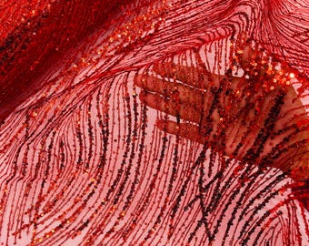 Red Glitter Sequin on Mesh Lace Fabric, Wedding Decor Fabric Bridal/Prom/Sparkle