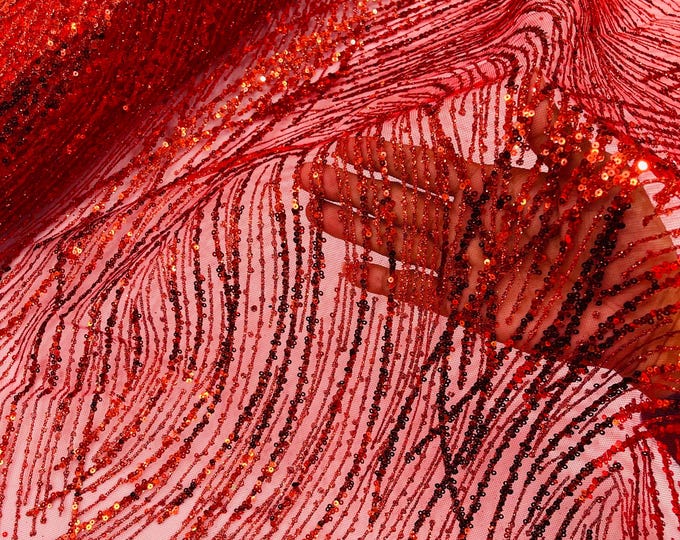 Red Glitter Sequin on Mesh Lace Fabric, Wedding Decor Fabric Bridal/Prom/Sparkle