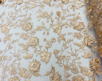 Khaki 3D Floral Embroidery Lace Fabric, Bridal Wedding Dress, By The Yard