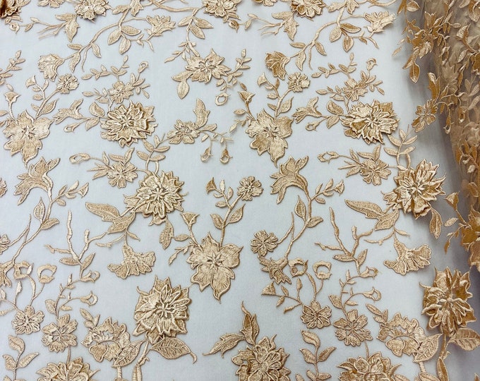 Khaki 3D Flower-Floral and Leaves Embroidery on a Mesh Lace Fabric , Floral Bridal Lace Wedding Dress By The Yard