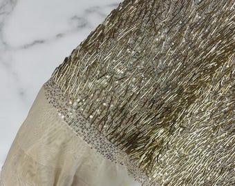 Gold Gleam Beaded with Sequins Stretch Mesh Fabric By The Yard | Embroidery Beaded Sequins Fabric on a Mesh Prom,Gown