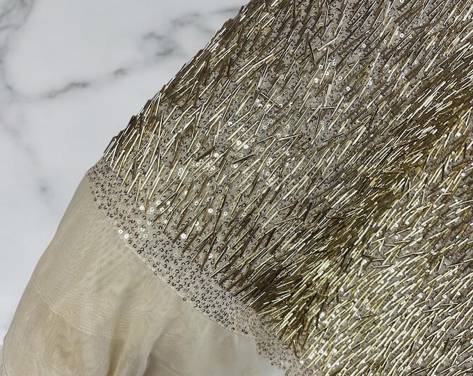 Gold Gleam Beaded with Sequins Stretch Mesh Fabric By The Yard | Embroidery Beaded Sequins Fabric on a Mesh Prom,Gown