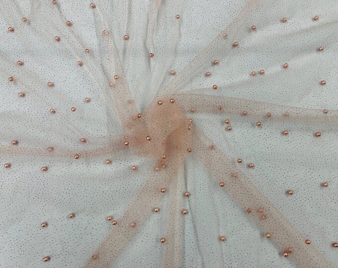 Blush Pearl Glitter Mesh Fabric, 2way Stretch Scattered Pearls Studded with glitter Mesh, sold by the yard (Pick a Size)