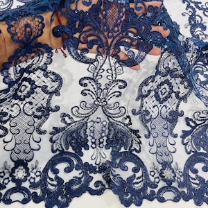 Navy Blue King Lace Fabric, Corded Flower Embroidery With Sequins on a Mesh Lace Fabric By The Yard For Gown, Wedding-Bridal-Dress