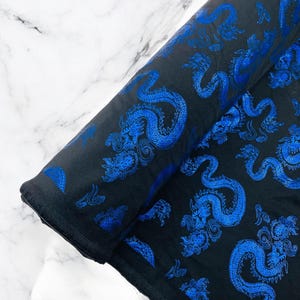 Black Royal Blue Dragon Printed Spandex Fabric By The Yard | Dragon Design Nylon Spandex Fabric 4 Way Stretch 60”